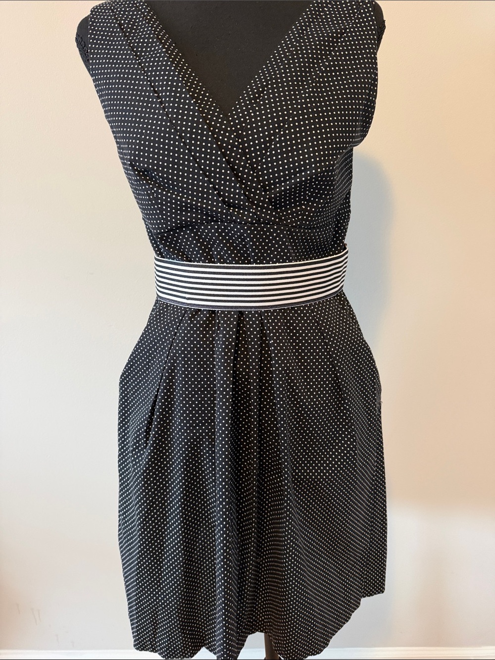 Dress Barn Black and White Polka Dot Midi Dress with Striped Waist